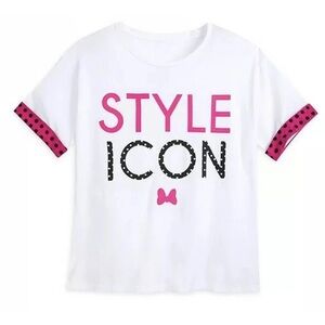 Disney White T-Shirt with Style Icon and Pink Bow Screen Art